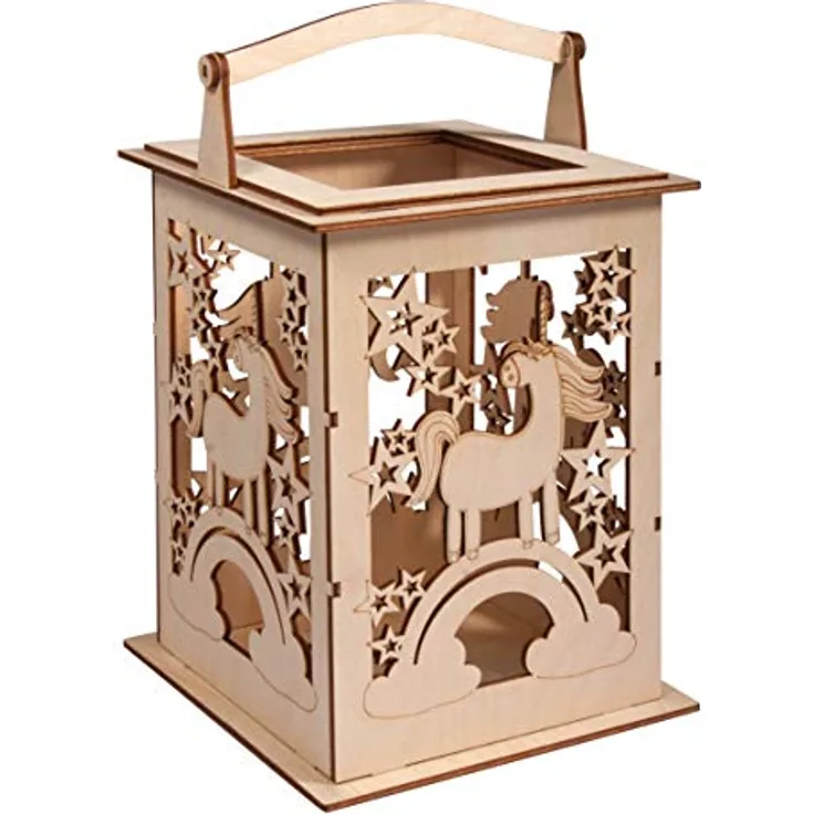 Rayher Holz Laterne Einhorn mit Griff, 15,3x15,3x26,5cm, Holzbausatz, 15-tlg.,Windlicht, für LED-Kerze, Lichterkette, FSC Mix Credit, 62892505