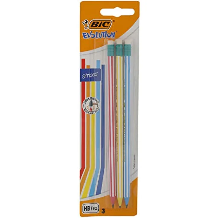 BIC Bleistift Evolution Stripes 646 HB, Holzfreier Bleistift mit Radierer, 3 Stück farbig sortiert (Rot/Weiß, Gelb/Weiß, Blau/Weiß)