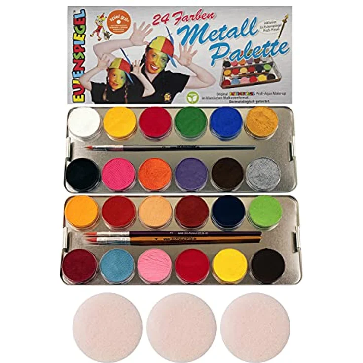 Eulenspiegel 224007 - Profi-Aqua Schminke, 24 Farben, 3 Profi-Pinsel, 3 Schwämme, Metall-Palette – Bild 1