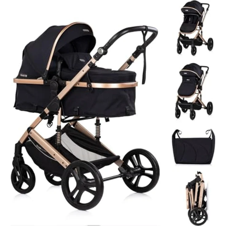 Chipolino Amore, Kinderwagen 2 in 1 mit Getränkehalter, Wickeltasche und Fußabdeckung, schwarz – Bild 1