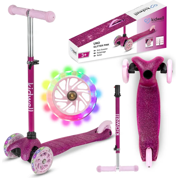 COIL UNO Dreiradscooter, Kinderroller mit ABEC-7-Lagern, 3-stufiger Lenkradverstellung und LED-Rädern, Rosa