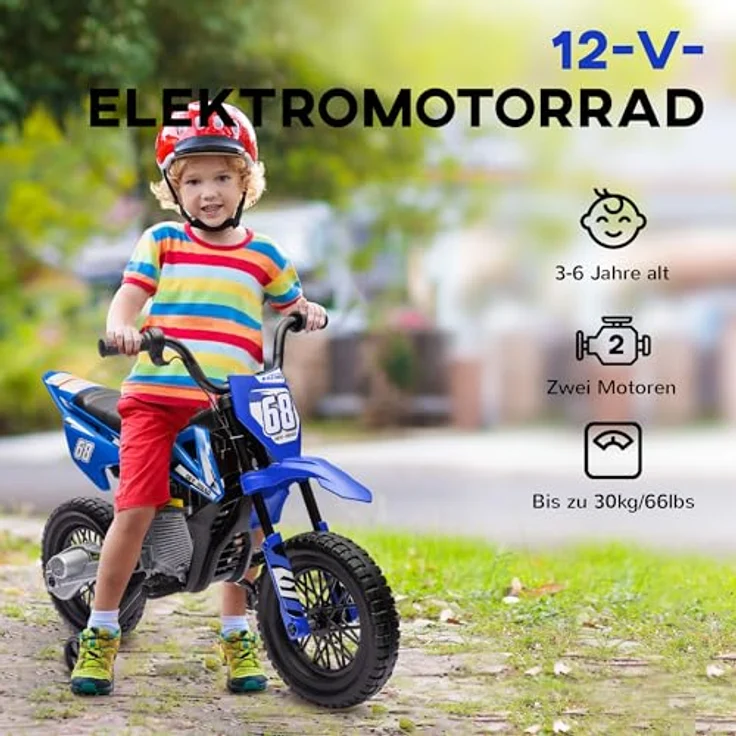 AIYAPLAY Elektro-Kindermotorrad 12V mit Musik, abnehmbaren Trainingsrädern, 2,4-5 km/h, Belastbarkeit 30 kg, Blau – Bild 6