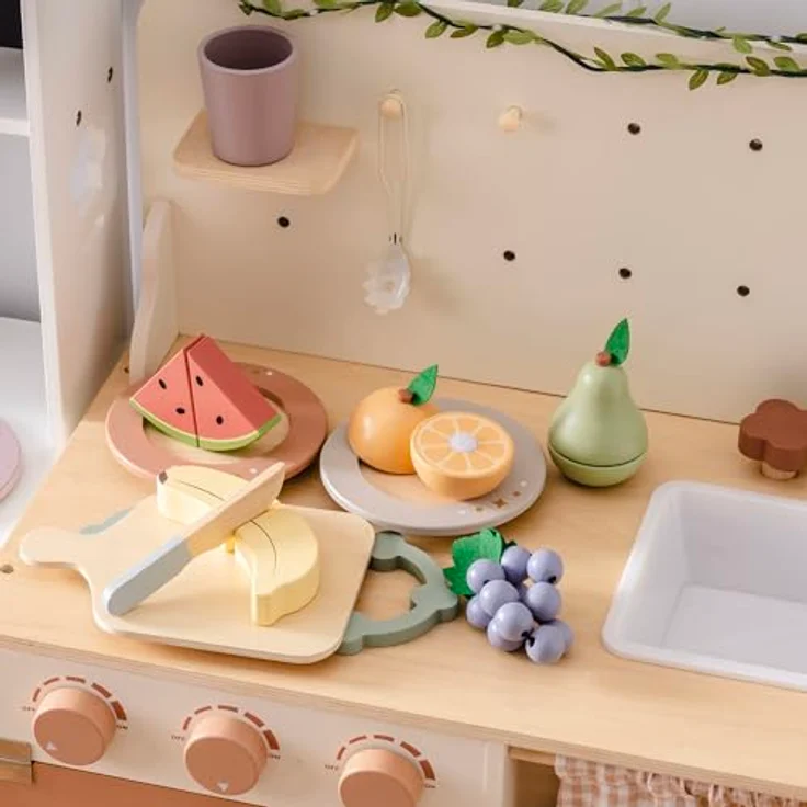 ROBOTIME Holz-Obst-Schneideset für Kinder, Realistisches Spielzeug mit Banane, Birne, Wassermelone, Trauben, Klettverschluss und Tragetasche für sicheres Rollenspiel – Bild 4