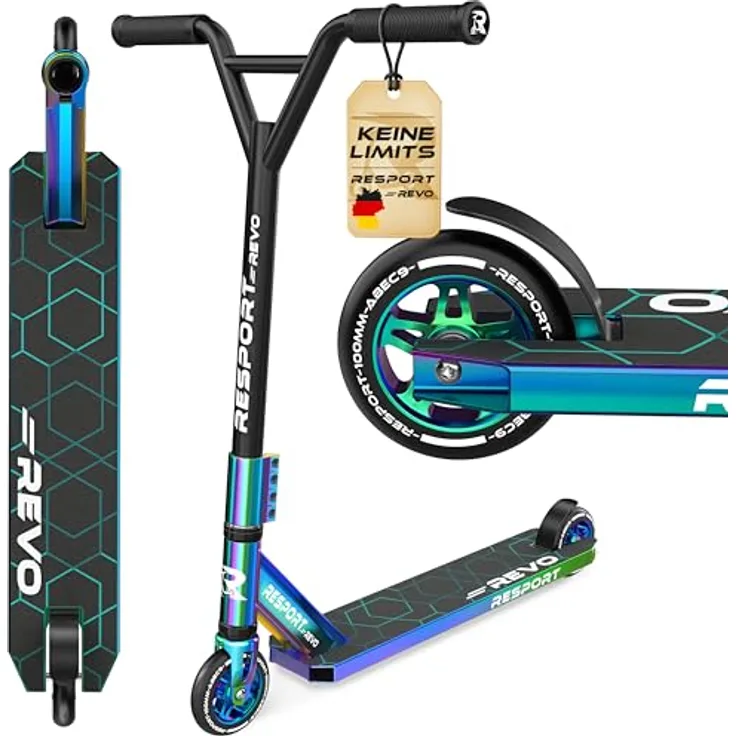 RE:SPORT REVO Stunt Scooter, Profi Stuntroller mit 100mm PU-Rollen, ABEC 9 Kugellager, für Kinder & Erwachsene, mit Ständer, Y-Bar, rutschfestem Pro-Deck, ergonomischen Griffen