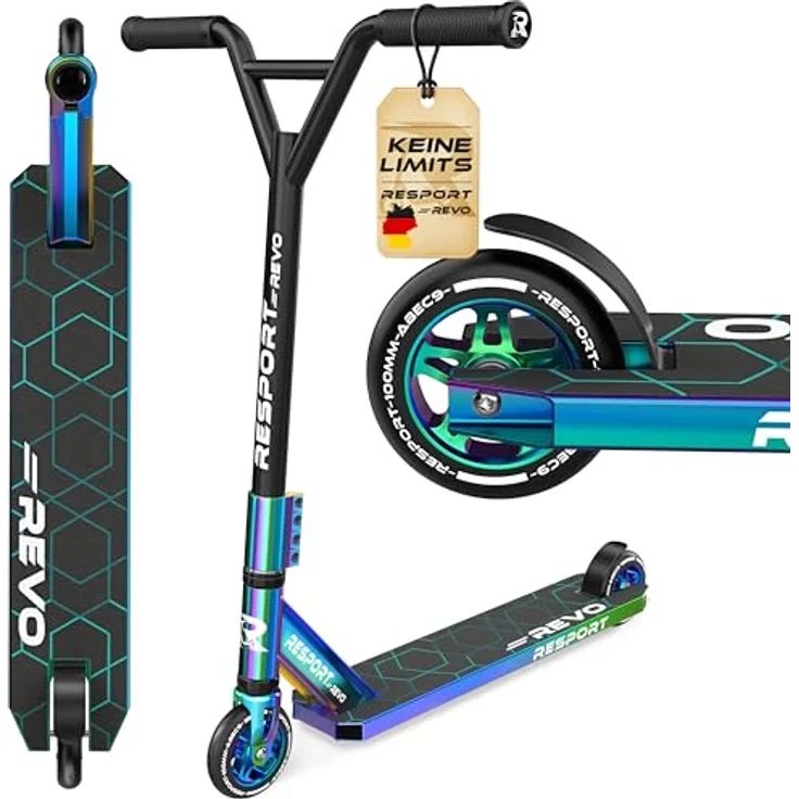 RE:SPORT REVO Stunt Scooter, Profi Stuntroller mit 100mm PU-Rollen, ABEC 9 Kugellager, für Kinder & Erwachsene, mit Ständer, Y-Bar, rutschfestem Pro-Deck, ergonomischen Griffen – Bild 1