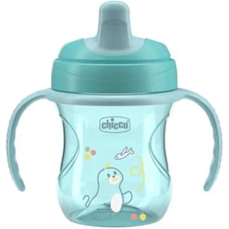 Chicco Training Trinklernbecher, auslaufsicherer Kunststoffbecher mit ergonomischer halbweicher Tülle, Ventil und abnehmbaren Griffen, Hellblau, für Babies ab 6 Monaten