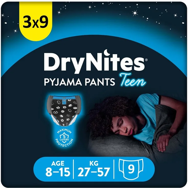 HUGGIES DryNites Nacht-Windeln Jungen 8-15 J. (27-57 kg), 27 Stk, Bettnässen - Disney Designs, für trockene Nächte