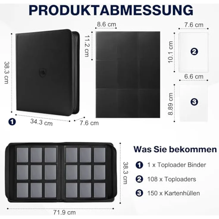 khlerox Toploader Sammelkarten Album für 360 Karten, inkl. 108 Toploader und 100 Kartenhüllen, wasserabweisend, schwarz – Bild 2