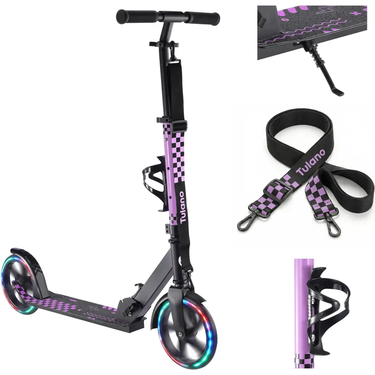 TULANO Zigzag 45 Kinderroller, Klappbar mit 200 mm LED-Leuchträdern, Höhenverstellbar, Lila, bis 100 kg
