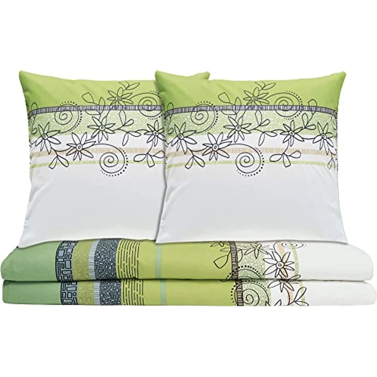 Erwin Müller Bettwäsche, Bettgarnitur Fein-Biber Blumen 4-TLG Sparpaket grün-blau-weiß Größe 135x200 cm (80x80 cm) - hautsymphatisch, bügelleicht, mit Marken-Reißverschluss (weitere Größen) – Bild 1