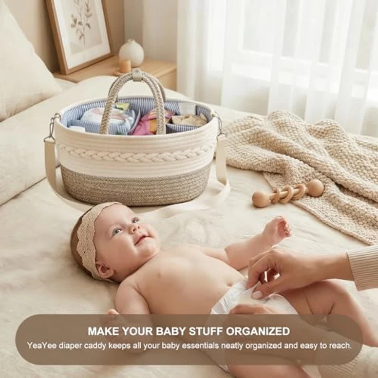 YeaYee Baby Windel Caddy Organizer, Multifunktionale Aufbewahrungsbox mit 5 wechselbaren Fächern, 100% Baumwoll-Leinen, tragbarer Aufbewahrungskorb für Windeln, geschlechtsneutrales Design – Bild 4