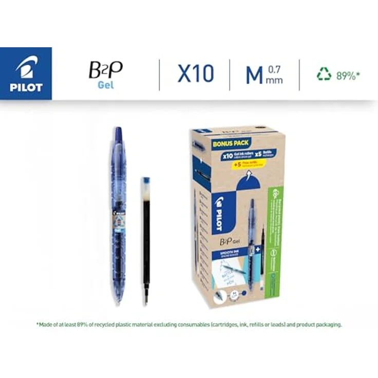 Pilot Begreen B2P Gelroller, nachfüllbar, 10 Gelstifte und 10 Refills (Blau, 100% plastikfrei) – Bild 2