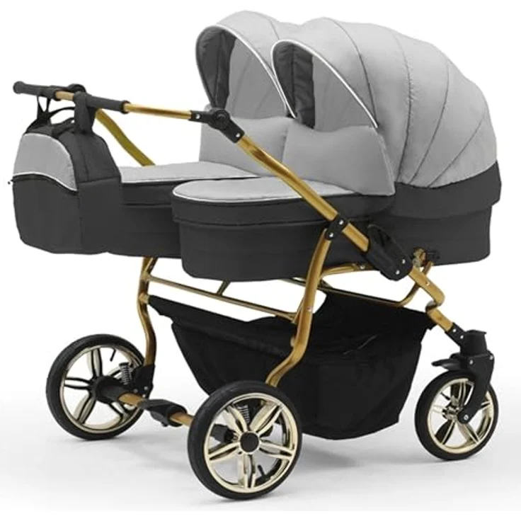 Elcar Zwillingskinderwagen 5 in 1 Duet Lux Goldedition inkl. Autositze und Iso Bases - 14 Teile - Luftbereifung, höhenverstellbarer Griff, in 20 Farben – Bild 2