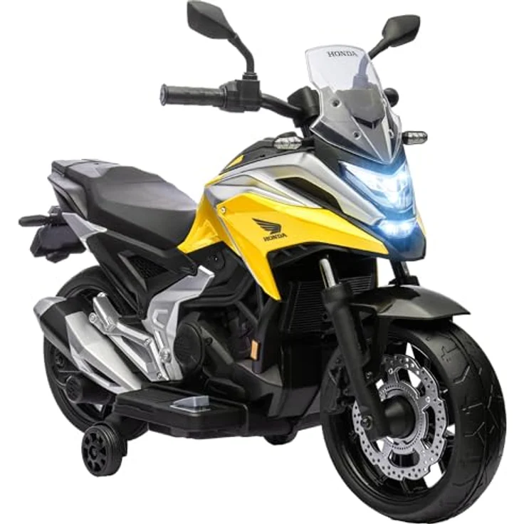 AIYAPLAY Elektro Kindermotorrad, Honda lizenziertes Elektromotorrad mit MP3, USB, Scheinwerfer, zwei Stützrädern, für Kinder von 3-6 Jahren, Gelb – Bild 1