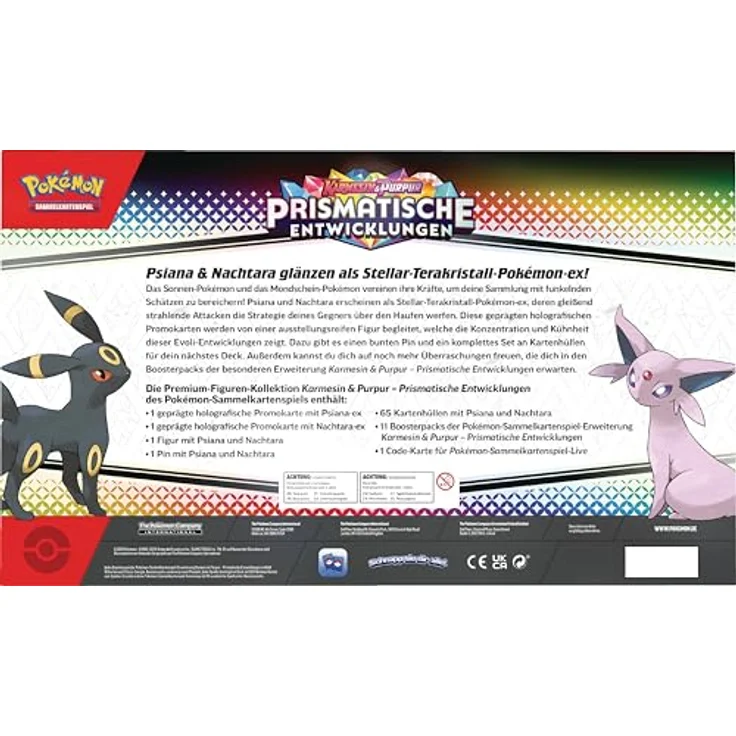 Pokémon Premium-Figuren-Kollektion Karmesin & Purpur – Prismatische Entwicklungen, 2 geprägte holografische Promokarten, 11 Boosterpacks, Figur und Pin – Bild 4