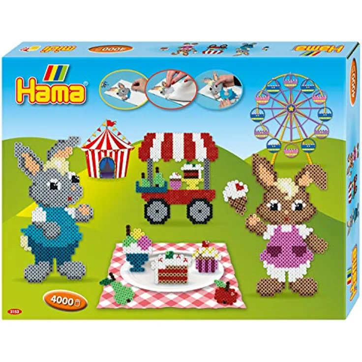 Hama Perlen 3153 Geschenk-Set Jahrmarkt mit ca. 4.000 bunten Midi Bügelperlen mit Durchmesser 5 mm, Motivvorlage und 2 Stiftplatten, inkl. Bügelpapier, kreativer Bastelspaß für Groß und Klein