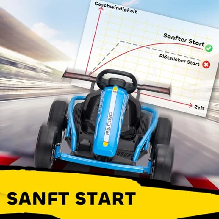 AIYAPLAY Kinder Elektro Gokart, 24V Drift-Kart mit 2 Motoren, verstellbarem Sitz, Softstart, Musik und Hupe, blau für 8-12 Jahre – Bild 5