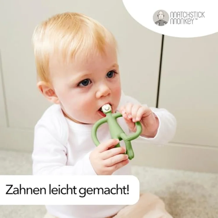 Matchstick Monkey - Beißring Affe Original - Baby Zahnungshilfe, weiche Noppen, 100% Silikon, BPA-frei, ab 3 Monaten (olivgrün) – Bild 5