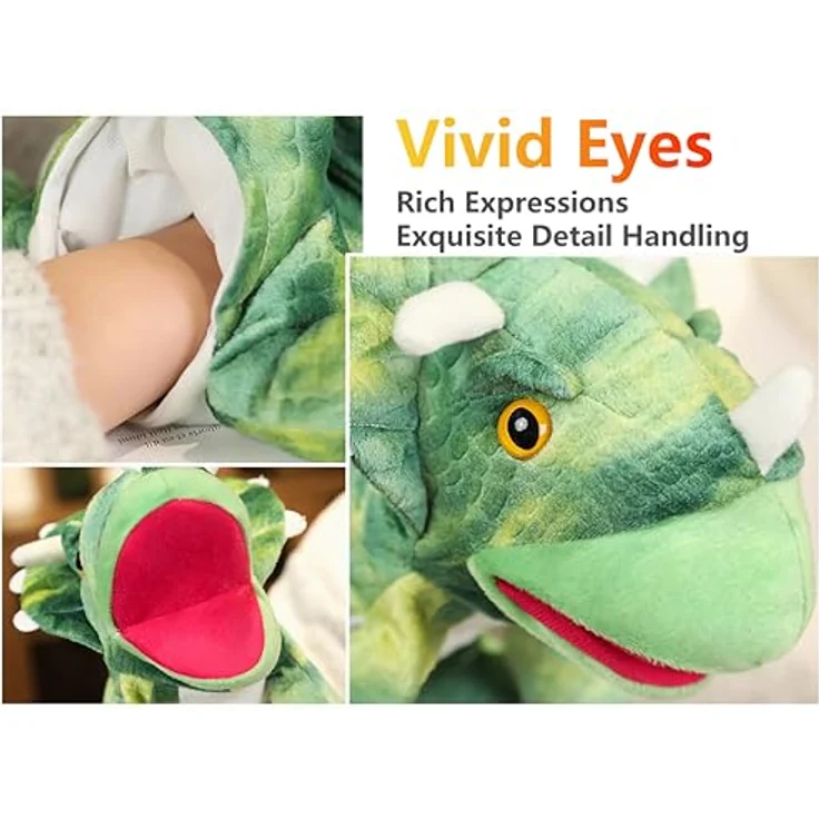 LOMTRATS Dinosaurier-Handpuppen Set, Triceratops und Tyrannosaurus Rex mit beweglichen Mündern, ca. 25 cm, Plüsch, ideal für Geschichtenerzählen und kreatives Spiel – Bild 2
