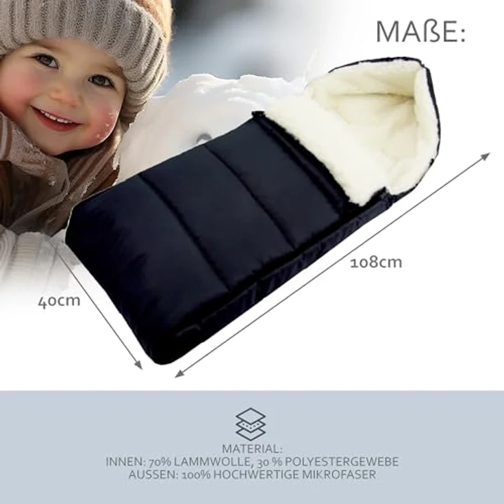 BAMBINIWELT Fußsack LAMMWOLLE Winterfußsack Kinderwagen Buggy Babyschale Babyfußsack waschbar 108cm LINIERT (schwarz) – Bild 6
