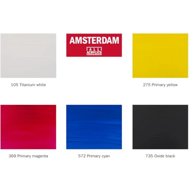 Amsterdam Standard Serie Acrylfarben Set, Farbtheorie Mischset mit 5 x 120 ml Tuben, Grundfarben + Schwarz & Weiß, wasserbasierte, lichtechte Pigmente, seidenmatte Oberfläche – Bild 2