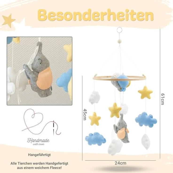 Babykajo Baby Mobile Elefant, handgefertigtes Mobile mit Holzring und süßen Tierfiguren, perfekt für Babybett und Kinderzimmer Deko – Bild 2