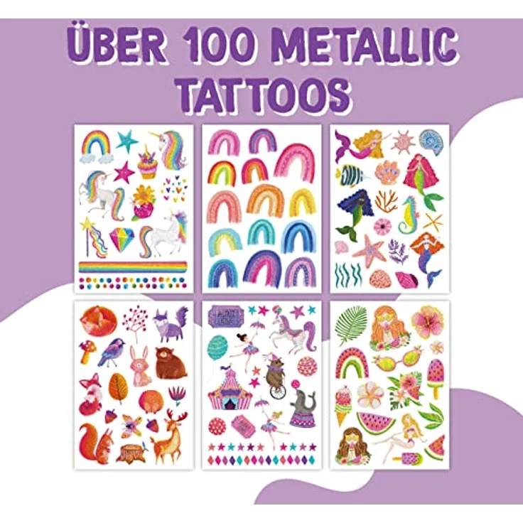 Papierdrachen 100 Metallic-Tattoos, hautfreundliche Kindertattoos Einhorn und Regenbogen, vegan, in Deutschland hergestellt, 6 Bögen Silber – Bild 2