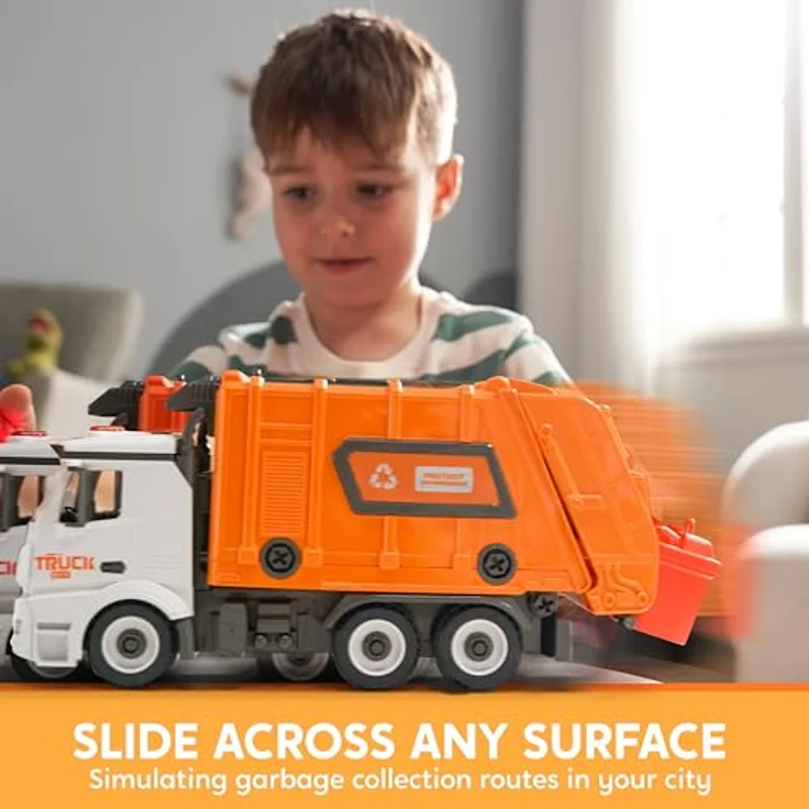 JOYIN Jumbo Take Apart Müllwagen-Spielzeug, reibungsbetrieben mit Licht und Geräuschen, mit 3 Mülleimern und Schraubendreher, DIY-Bausatz, orange – Bild 2