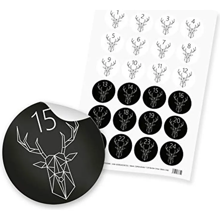 itenga 24x Zahlenstickerset für Adventskalender, selbstklebend, Rentier Motiv in Schwarz/Weiß, Ziffern 1-24