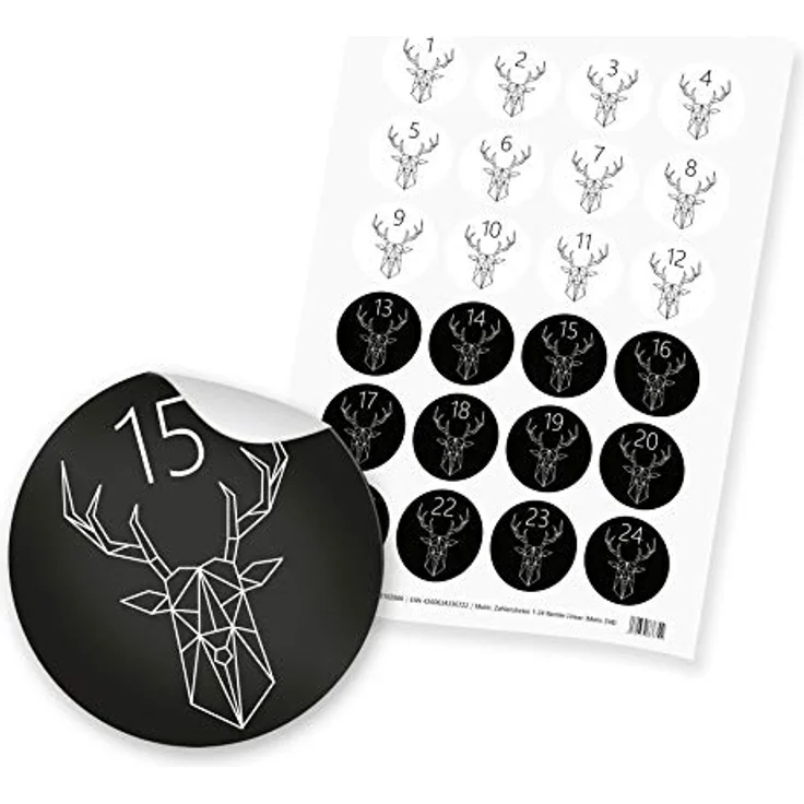 itenga 24x Zahlenstickerset für Adventskalender, selbstklebend, Rentier Motiv in Schwarz/Weiß, Ziffern 1-24