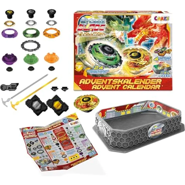 CRAZE BLADE Spielzeug Adventskalender – Kampfkreisel mit Battle Arena, 4 Premium-Kreisen in Gold und Silber, 24 Überraschungen für Kinder ab 8 Jahren