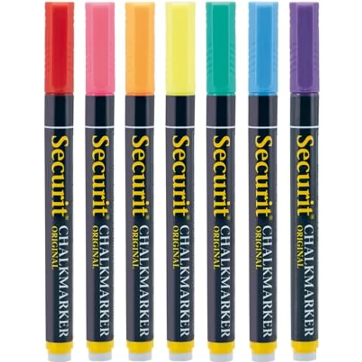 Securit Chalk Marker, Mehrfarbig, 2 mm, 7er Set, wischfest und wasserlöslich für non-poröse Oberflächen – Bild 1
