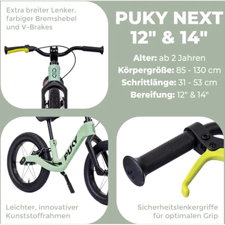 PUKY Next Set 12” & 14" Green/Black, Mitwachsendes Laufrad für 2-6 Jahre, Kinderlaufrad mit Bremse, Höhenverstellbar, FlipChip Räder – Bild 3