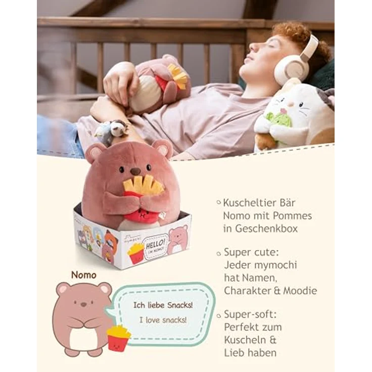 NICI MYMOCHI Kuscheltier Bär Nomo 16 cm mit Pommes in Geschenkbox - Flauschiges Stofftier zum Kuscheln, Spielen und Liebhaben, Braun – Bild 3