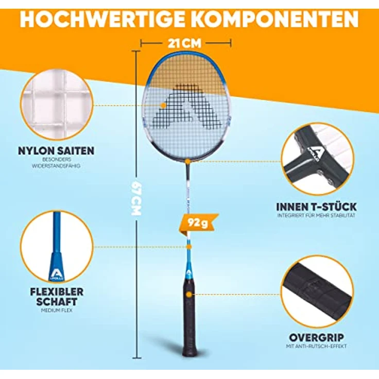 Apollo Badminton Set | Carbon Profi Badmintonschläger | Leichtgewicht Badminton Schläger | Federballschläger Set für Training, Sport und Unterhaltung mit Schlägertasche | Federball Set Kinder – Bild 2