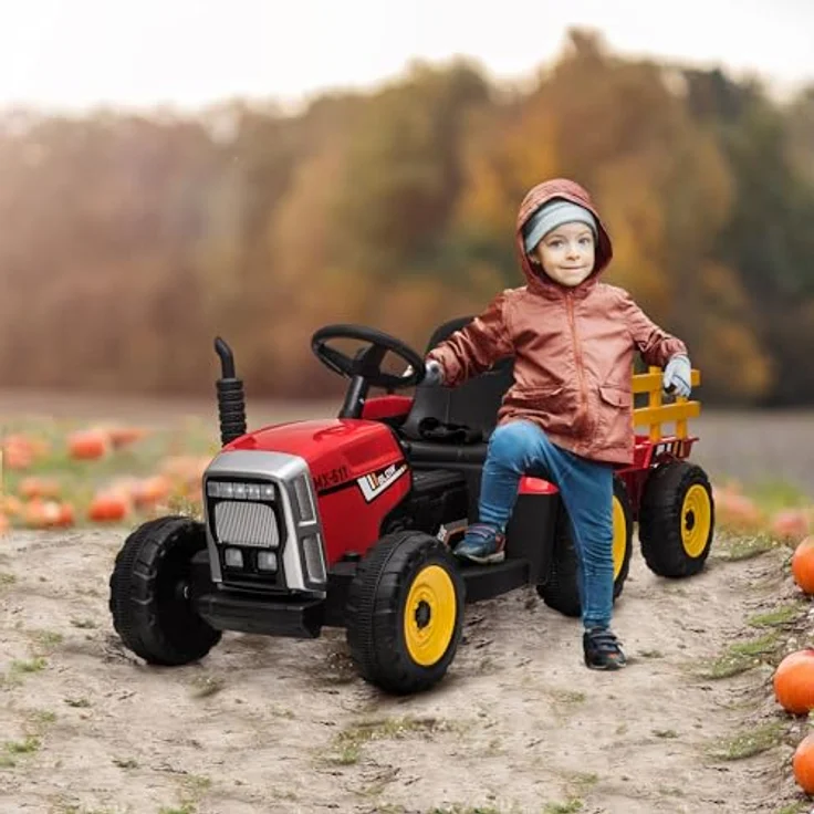 HOMCOM Elektro-Kinderauto Elektrischer Traktor mit Anhänger und Fernbedienung, Belastbarkeit 30 kg, für Garten und Balkon, Rot – Bild 2