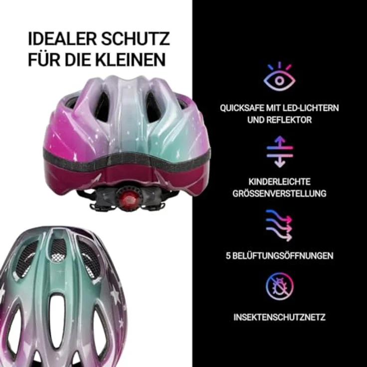 KED Kids Youth Meggy III Trend Fahrradhelm, Stars Pink Aqua Glossy, XS (44-49cm), Made in Germany, MAX Shell-Technologie, verstellbares Tragesystem, Insektenschutznetz – Bild 2