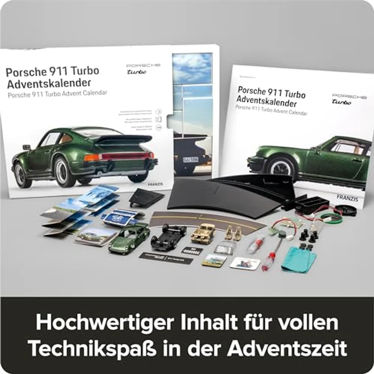Franzis Verlag Adventskalender Bausatz Porsche 911 Turbo, Maßstab 1:43 in Oakgreen mit Begleitbuch, für Altersklasse ab 14 Jahre – Bild 3