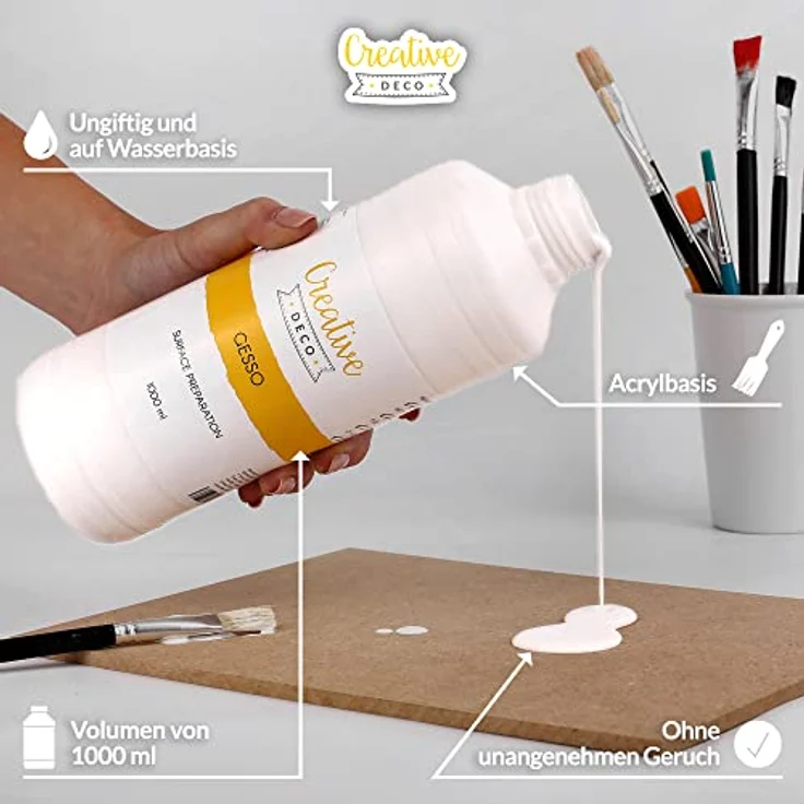 Creative Deco Professionell Weiße Gesso, 1L Universalgrundierung für Acryl- und Öl-Farben, ungiftig und wasserbeständig – Bild 2