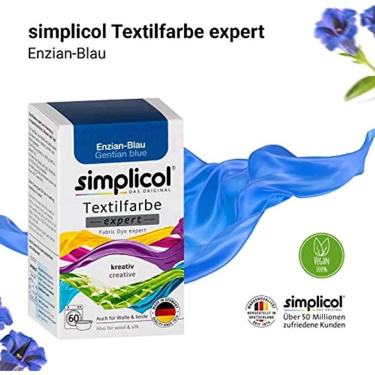 simplicol Textilfarbe expert Enzian-Blau 1709 - Zum Umfärben und Auffrischen von Kleidung, Waschmaschinenfest, für Baumwolle, Wolle, Seide, Leinen, Viskose & Mischgewebe – Bild 4
