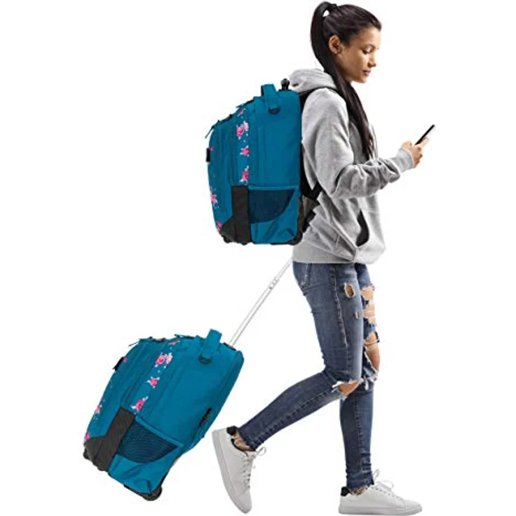 Elephant 3 Teile Set Trolley Hero Signature Schulranzen-Sets 12800 (Blue Flower (Blau/Rose)) - Rucksack mit 35 L Stauraum, Alu Ausziehgriff, Inliner Räder, Sporttasche und Mäppchen enthalten – Bild 5