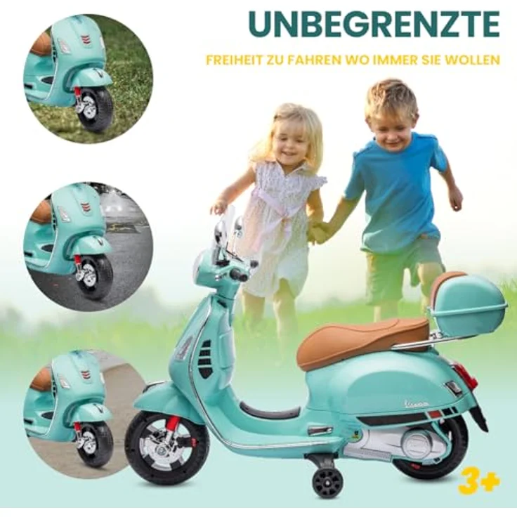 sun baby Vespa Elektro Kindermotorrad ab 3 Jahren, mit MP3-Player, Kunststoffräder, Kofferraum (Turkis) – Bild 4