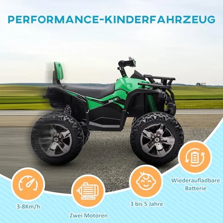 HOMCOM Elektro Quad für Kinder, 12V 10Ah Kinder Quad mit Vorwärts-, Rückwärtsfunktion, 2 Motor, USB-Anschluss, MP3-Musikplayer, Kinderfahrzeug mit Scheinwerfer 3-8 km/h, für 3-5 Jahre, Grün – Bild 3