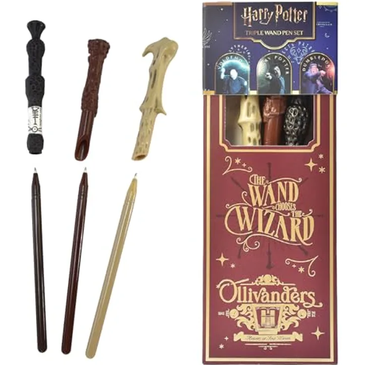 Blue Sky Studios Harry Potter Zauberstab-Stift 3er Set, glatte schwarze Tinte, Dumbledore, Harry Potter und Voldemort Design, Schreibwaren und Merchandise