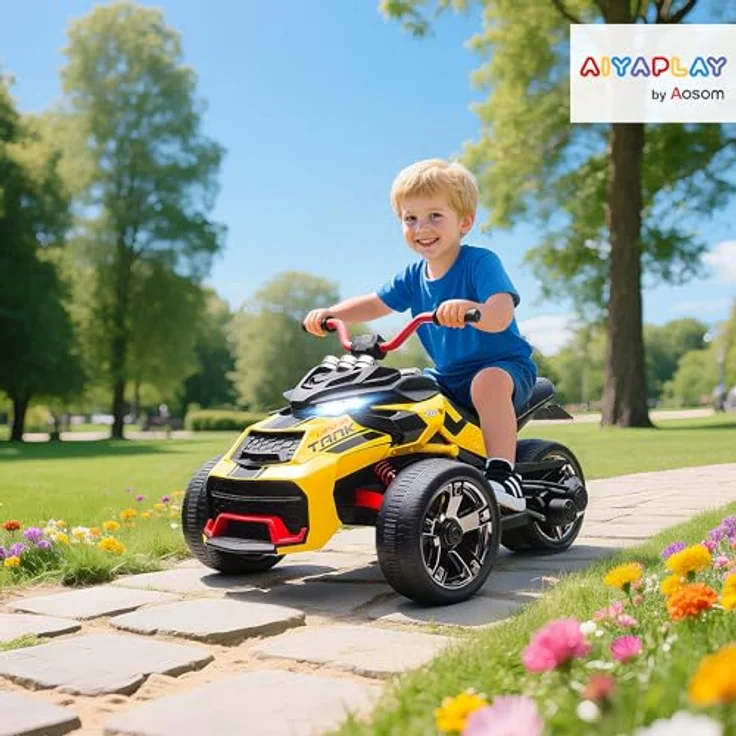 AIYAPLAY Elektro Quad für Kinder, 12V mit 3 Rädern, Vorwärts- und Rückwärtsfunktion, MP3-Player, LED-Leuchten, 2 Geschwindigkeiten 3-5 km/h, für 3-8 Jahre, Gelb – Bild 2