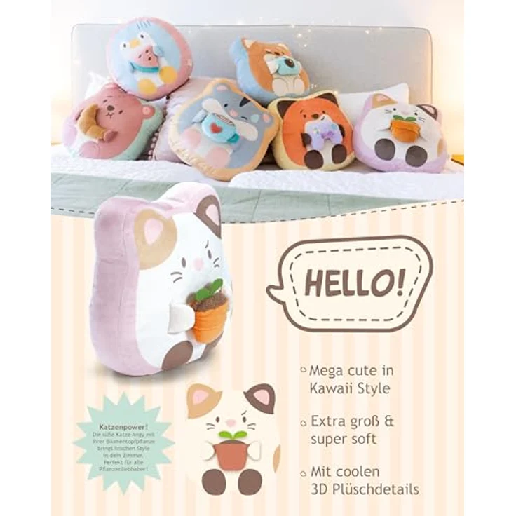 NICI Kuscheltier Katze Angy mit Blumentopf, 35x33x12cm - weiß, mymochi Plüschtier für Kinder und Erwachsene - stylisches Kawaii-Kissen, ideales Geschenk – Bild 3