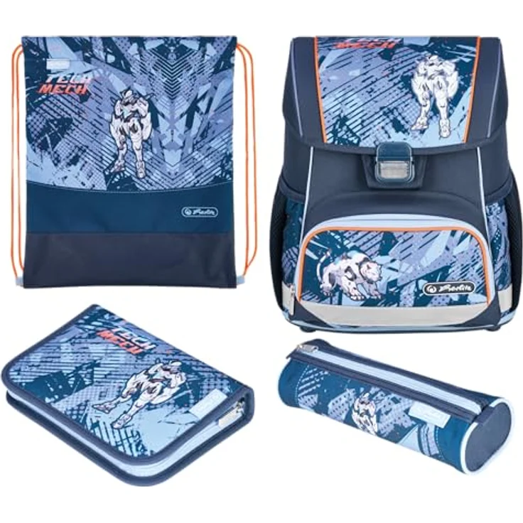 Herlitz Schulranzen Loop Plus, ergonomischer Schulranzen aus Polyester mit reflektierenden Elementen, 310x390x220mm, inkl. Pompon Schüleretui und Sportbeutel – Bild 1