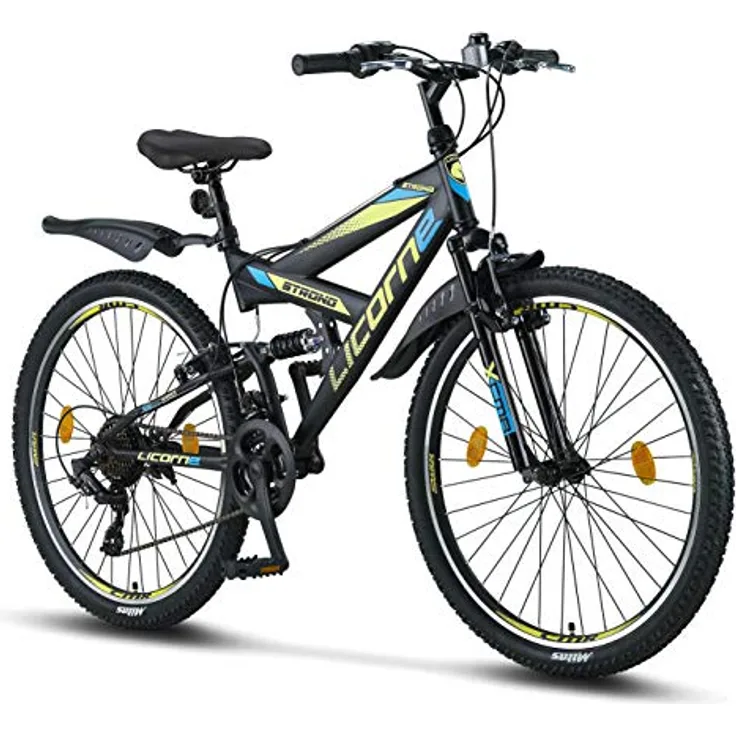 Licorne Bike Strong V Premium Mountainbike in 26 Zoll - Fahrrad für Jungen, Mädchen, Damen und Herren - Shimano 21 Gang-Schaltung - Vollfederung - Schwarz/Blau/Lime