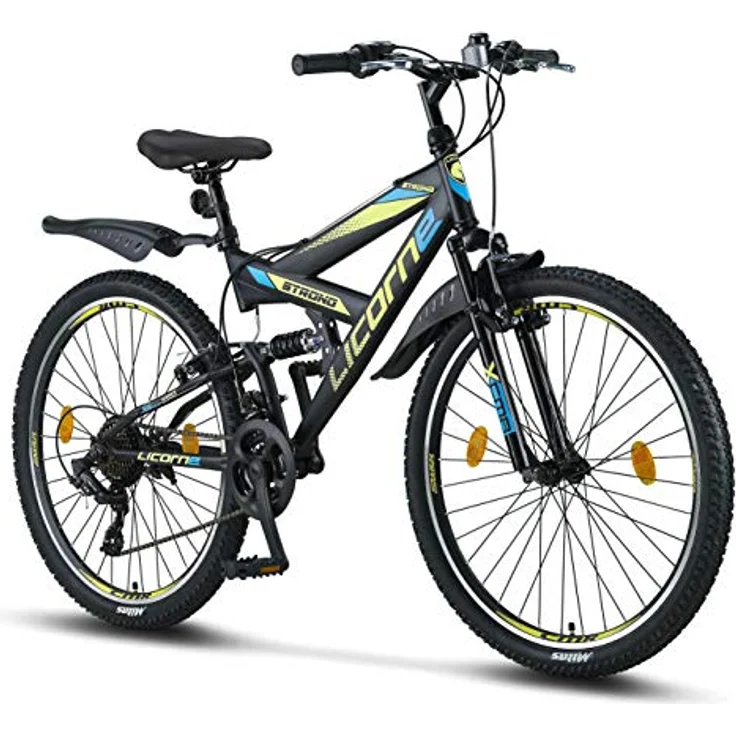Licorne Bike Strong V Premium Mountainbike in 26 Zoll - Fahrrad für Jungen, Mädchen, Damen und Herren - Shimano 21 Gang-Schaltung - Vollfederung - Schwarz/Blau/Lime – Bild 1