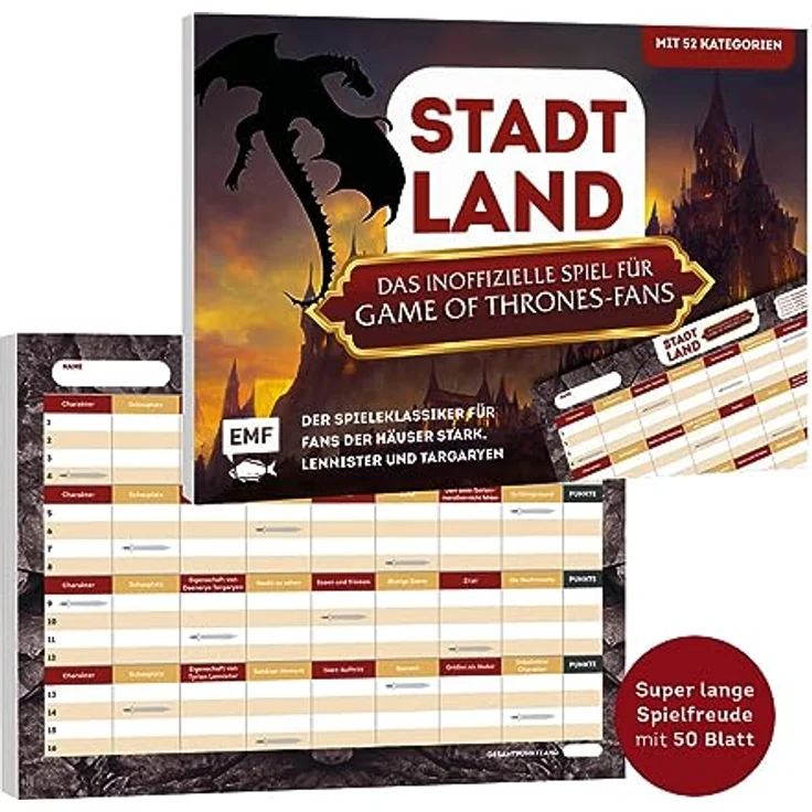 Edition Michael Fischer GmbH Stadt, Land, das inoffizielle Spiel für Game of Thrones-Fans – Der Spieleklassiker für Fans der Häuser Stark, Lannister und Targaryen: Der Stadt, Land, Fluss-Block mit 52 Kategorien – Bild 3